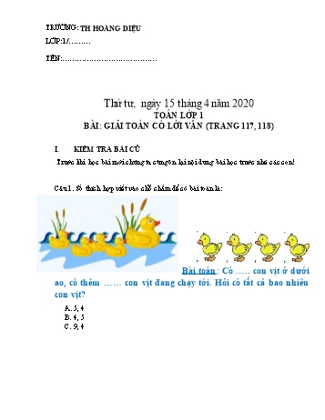 Bài tập ôn tập môn Toán Lớp 1 - Bài: Giải toán có lời văn (trang 117, 118) - Năm học 2019-2020 - Trường tiểu học Hoàng Diệu