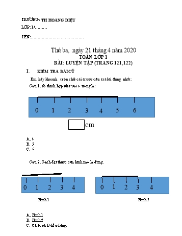 Bài tập ôn tập môn Toán Lớp 1 - Bài: Luyện tập (Trang 121,122) - Năm học 2019-2020 - Trường tiểu học Hoàng Diệu
