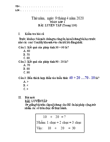 Bài tập ôn tập môn Toán Lớp 1 - Bài: Luyện tập (trang 130) - Năm học 2019-2020 - Trường tiểu học Hoàng Diệu