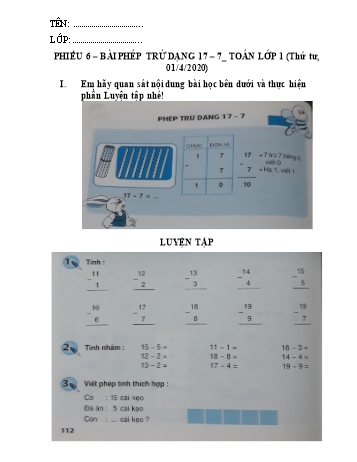 Bài tập ôn tập môn Toán Lớp 1 - Bài: Phép trừ dạng 17-7 - Năm học 2019-2020