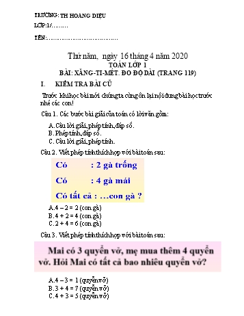 Bài tập ôn tập môn Toán Lớp 1 - Bài: Xăng-ti-mét. Đo độ dài (trang 119) - Năm học 2019-2020 - Trường tiểu học Hoàng Diệu