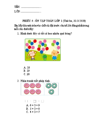 Bài tập ôn tập môn Toán Lớp 1 - Phiếu số 5 - Năm học 2019-2020