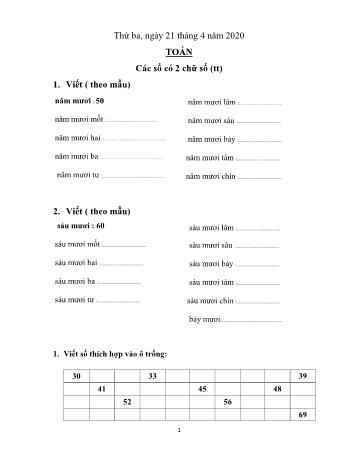 Bài tập ôn tập môn Toán Lớp 1 - Tuần 26 - Năm học 2019-2020