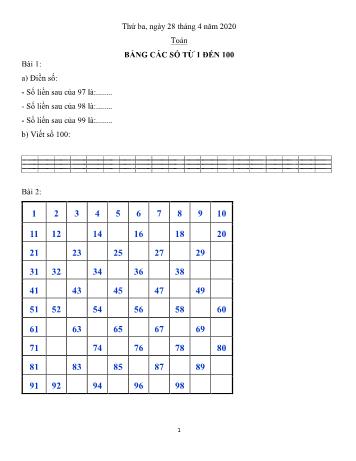 Bài tập ôn tập môn Toán Lớp 1 - Tuần 27 - Năm học 2019-2020