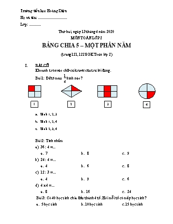 Bài tập ôn tập môn Toán Lớp 2 - Bài: Bảng chia 5. Một phần năm - Năm học 2019-2020 - Trường tiểu học Hoàng Diệu