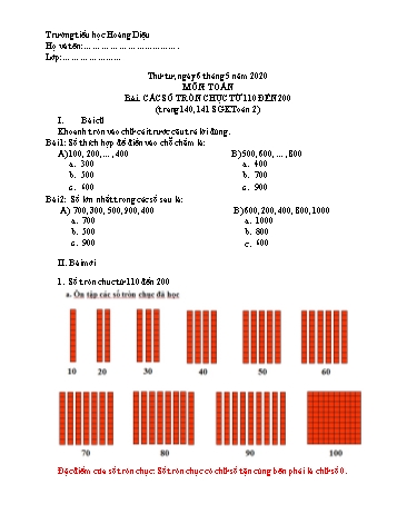 Bài tập ôn tập môn Toán Lớp 2 - Bài: Các số tròn chục từ 110 đến 200 - Năm học 2019-2020 - Trường tiểu học Hoàng Diệu