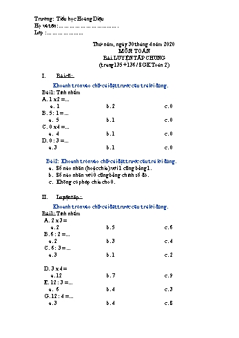 Bài tập ôn tập môn Toán Lớp 2 - Bài: Luyện tâp chung (trang 135, 136) - Năm học 2019-2020 - Trường tiểu học Hoàng Diệu