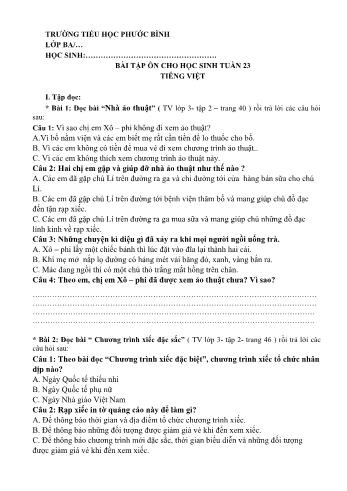Bài tập ôn tập môn Toán + Tiếng Việt Lớp 3 - Tuần 23 - Trường tiểu học Phước Bình