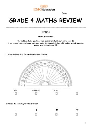Bài tập Tiếng Anh tích hợp Lớp 4 - Grade 4: Maths Review