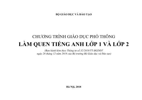 Chương trình Giáo dục phổ thông Làm quen Tiếng Anh Lớp 1 và Lớp 2