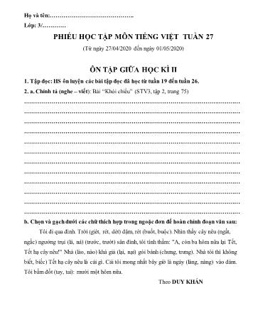 Đề ôn tập giữa học kì II môn Tiếng Việt Lớp 3 - Năm học 2019-2020