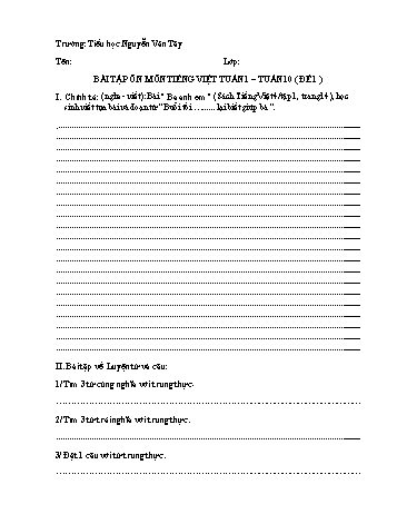 Đề ôn tập môn Tiếng Việt Lớp 4 - Đề 1 - Tuần 1 đến 10 - Trường Tiểu học Nguyễn Văn Tây