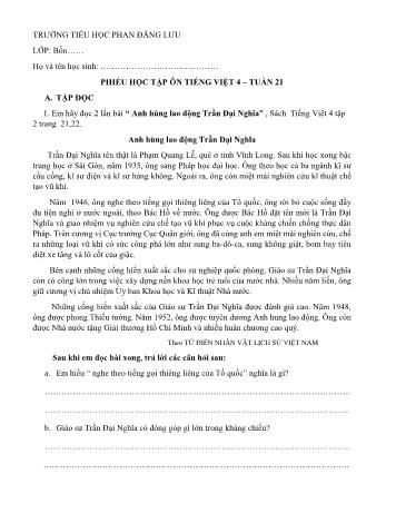 Đề ôn tập môn Tiếng Việt Lớp 4 - Tuần 21 - Trường tiểu học Phan Đăng Lưu