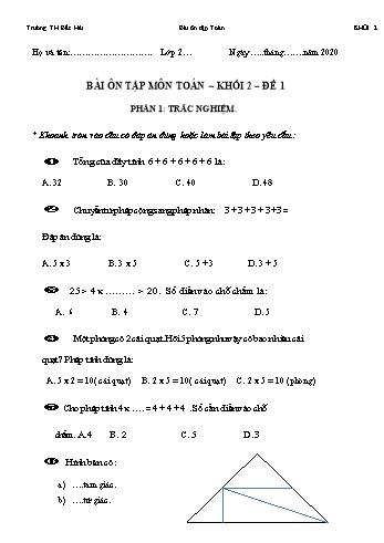 Đề ôn tập môn Toán Khối 2 - Đề 1 - Trường tiểu học Bắc Hải