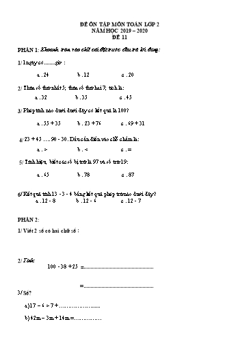 Đề ôn tập môn Toán Lớp 2 - Đề 11 - Năm học 2019-2020 (Có đáp án)
