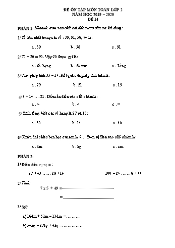 Đề ôn tập môn Toán Lớp 2 - Đề 14 - Năm học 2019-2020 (Có đáp án)