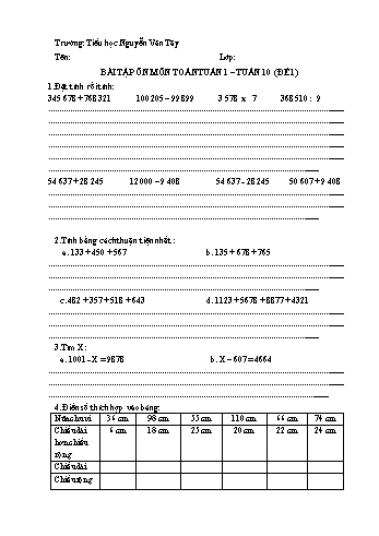 Đề ôn tập môn Toán Lớp 4 - Đề 1 - Tuần 1 đến 10 - Trường Tiểu học Nguyễn Văn Tây