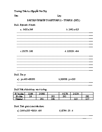 Đề ôn tập môn Toán Lớp 4 - Đề 1 - Tuần 11 đến 18 - Trường Tiểu học Nguyễn Văn Tây