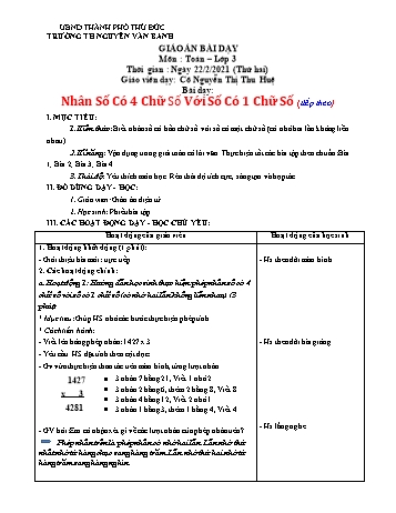 Giáo án Toán Lớp 3 - Bài: Nhân số có 4 chữ số với số có 1 chữ số (Tiếp theo) - Năm học 2020-2021 - Nguyễn Thị Thu Huệ