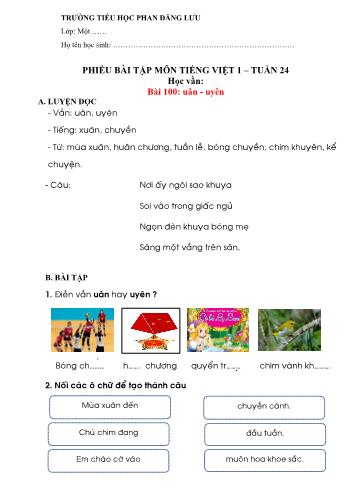 Phiếu bài tập môn Tiếng Việt Lớp 1 (Phần: Học vần) - Tuần 24 - Trường tiểu học Phan Đăng Lưu
