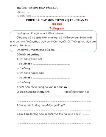 Phiếu bài tập môn Tiếng Việt Lớp 1 - Tuần 25 - Trường tiểu học Phan Đăng Lưu