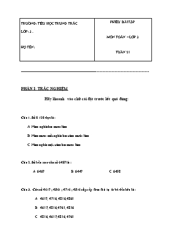 Phiếu bài tập môn Toán Lớp 3 - Tuần 21 - Trường tiểu học Trưng Trắc