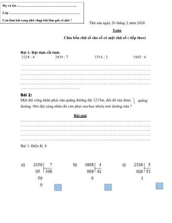 Phiếu bài tập môn Toán + Tiếng Việt Lớp 3 - Tuần 23 - Năm học 2019-2020