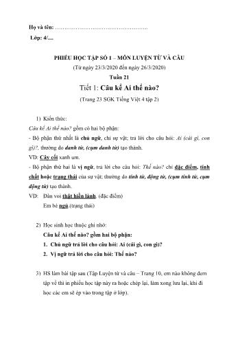 Phiếu học tập môn Luyện từ và câu Lớp 4 - Phiếu số 1 - Tuần 21 - Năm học 2019-2020