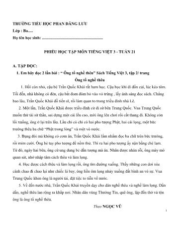 Phiếu học tập môn Tiếng Việt Lớp 3 - Tuần 21 - Trường tiểu học Phan Đăng Lưu