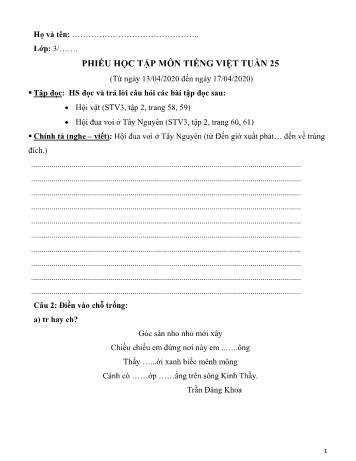 Phiếu học tập môn Tiếng Việt Lớp 3 - Tuần 25 - Năm học 2019-2020