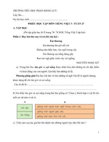 Phiếu học tập môn Tiếng Việt Lớp 3 - Tuần 27 - Trường tiểu học Phan Đăng Lưu