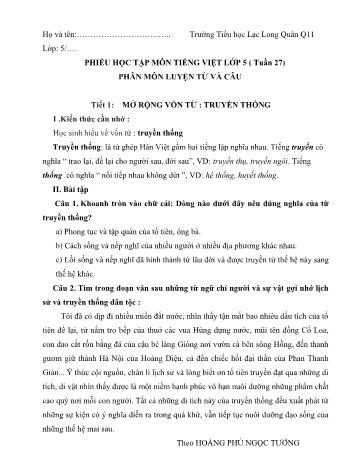 Phiếu học tập môn Tiếng Việt Lớp 5 (Phần: Luyện từ và câu) - Tuần 27 - Trường Tiểu học Lạc Long Quân, Quận 11