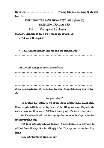 Phiếu học tập môn Tiếng Việt Lớp 5 (Phần: Tập làm văn) - Tuần 22 - Trường Tiểu học Lạc Long Quân, Quận 11