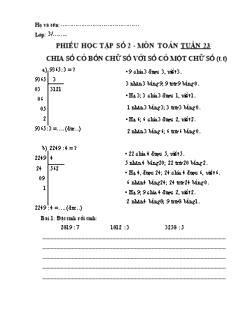 Phiếu học tập môn Toán Lớp 3  - Phiếu số 2 - Tuần 23