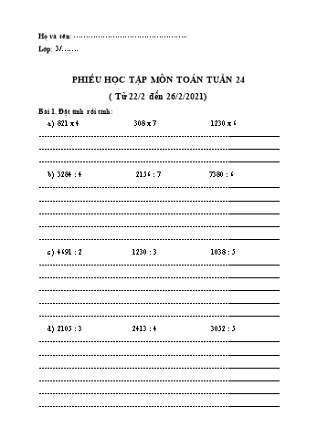 Phiếu học tập môn Toán Lớp 3 - Tuần 24 - Năm học 2020-2021