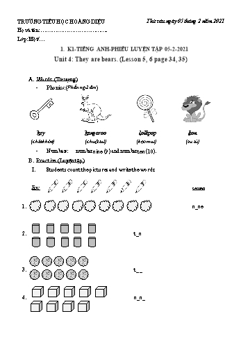 Phiếu luyện tập môn Tiếng Anh Lớp 1 - Unit 4: They are bears - Lesson 5+6 - Trường tiểu học Hoàng Diệu