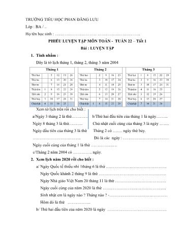 Phiếu luyện tập môn Toán Lớp 3 - Tuần 22 - Trường tiểu học Phan Đăng Lưu