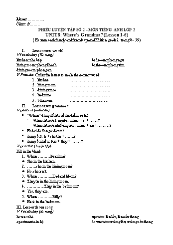 Phiếu luyện tập số 2 môn Tiếng Anh Lớp 2 (Family and Friends) - Unit 8: Where’s grandma? - Lesson 1 đến 6