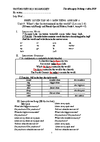 Phiếu luyện tập số 5 môn Tiếng Anh Lớp 4 (Family and Friends) - Unit 9: What’s the fastest animal in the world? - Lesson 1 đến 6 - Năm học 2019-2020 - Trường tiểu học Hoàng Diệu