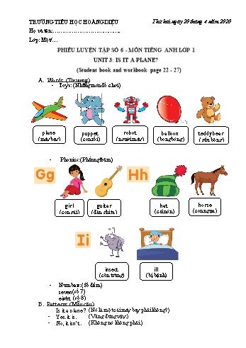 Phiếu luyện tập số 6 môn Tiếng Anh Lớp 1 - Unit 3: Is it a plane?- Năm học 2019-2020 - Trường tiểu học Hoàng Diệu