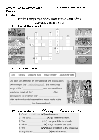 Phiếu luyện tập số 7 môn Tiếng Anh Lớp 4 - Review 3 - Năm học 2019-2020 - Trường tiểu học Hoàng Diệu