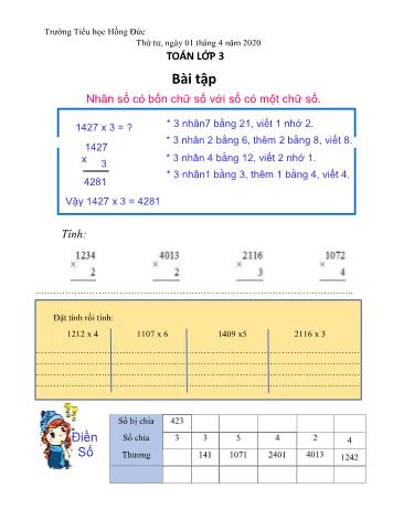 Phiếu luyện tập Toán Lớp 3 - Bài: Nhân số có bốn chữ số với số có một chữ số - Năm học 2019-2020 - Trường tiểu học Hồng Đức