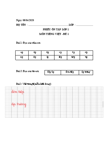 Phiếu ôn tập môn Tiếng Việt Lớp 1 - Năm học 2019-2020