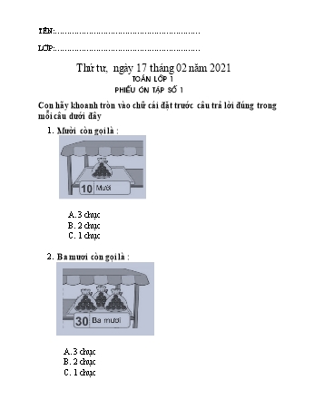 Phiếu ôn tập môn Toán Lớp 1 - Phiếu số 1 - Năm học 2020-2021