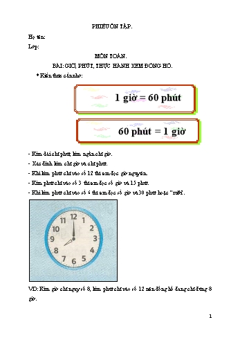 Phiếu ôn tập môn Toán Lớp 2 - Bài: Giờ, phút. Thực hành xem đồng hồ