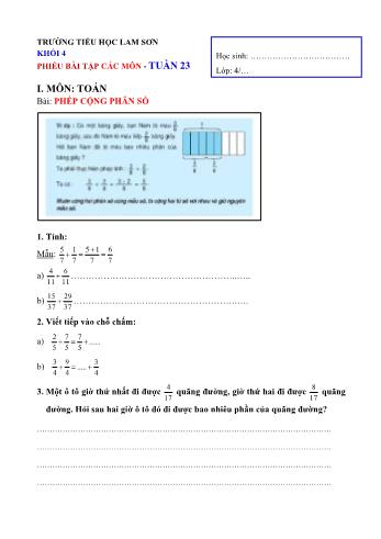 Phiếu học tập các môn Lớp 4 - Tuần 23 - Trường Tiểu học Lam Sơn