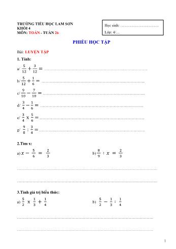 Phiếu học tập các môn Lớp 4 - Tuần 26 - Trường Tiểu học Lam Sơn