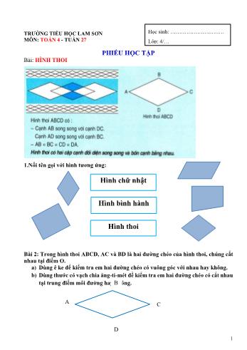 Phiếu học tập các môn Lớp 4 - Tuần 27 - Trường Tiểu học Lam Sơn