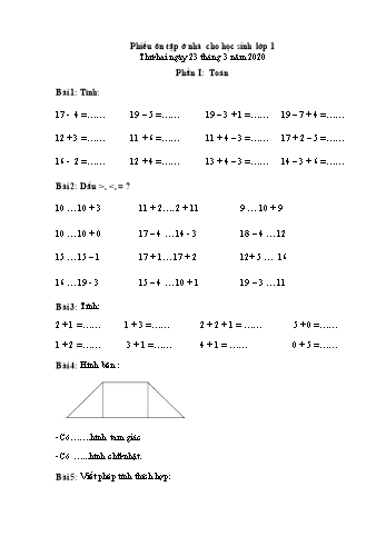 5 Phiếu ôn tập Toán + Tiếng Việt ở nhà cho học sinh Lớp 1 - Năm học 2019-2020 5 Phiếu ôn tập Toán + Tiếng Việt ở nhà cho học sinh Lớp 1 - Năm học 2019-2020