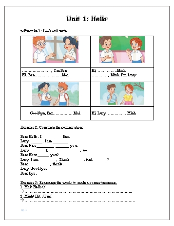 Bài tập ôn tập môn Tiếng Anh Lớp 3 - Unit 1: Hello